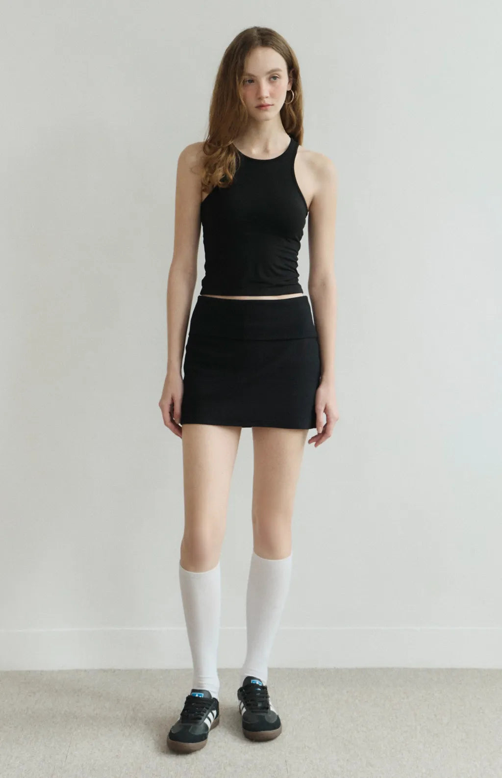 Fold-Over Wide-Waistband Ribbed Skort<br/>反折寬腰帶羅紋短褲裙