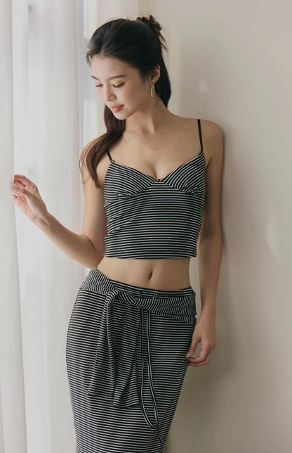 Striped Ruched-Bust V-Neck Cami Bra Top<br/>條紋V領美胸抓皺Bra Top