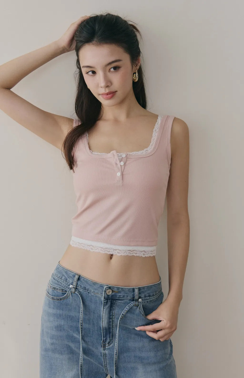 Tencel Layered Lace-Trim Henley Bra Top<br/>天絲假兩件蕾絲可開釦Bra Top