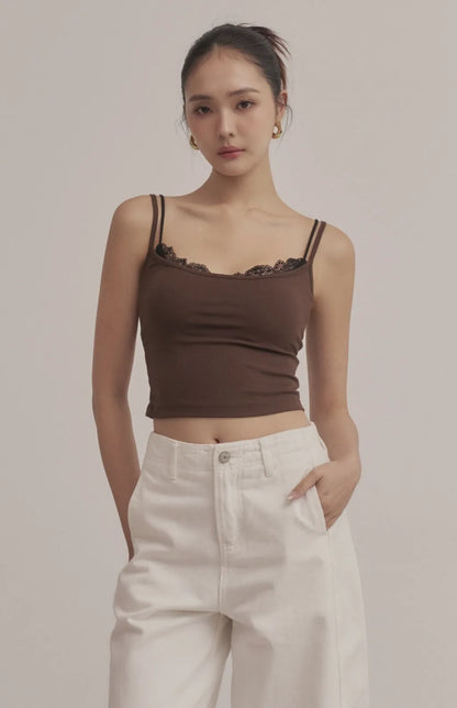 Layered Sweetheart Lace-Trim Crop Bra Top<br/>假兩件桃心領蕾絲花邊Bra Top