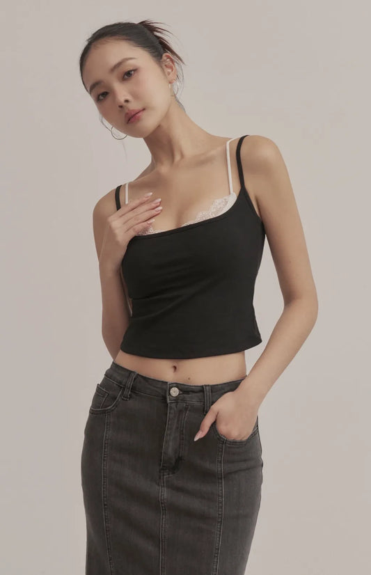 Layered Sweetheart Lace-Trim Crop Bra Top<br/>假兩件桃心領蕾絲花邊Bra Top