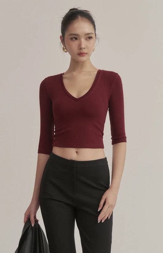 Ribbed V-Neck 3/4 Sleeve Crop Bra Top<br/>柔彈羅紋V領七分袖Bra Top
