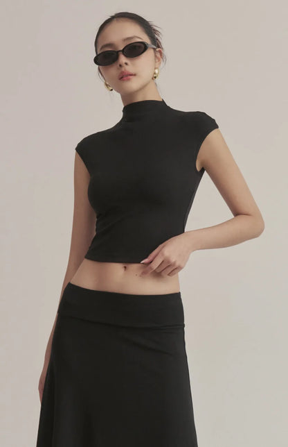 Soft Ribbed Mock-Neck Cap-Sleeve Crop Bra Top<br/>柔彈羅紋高領包肩Bra Top