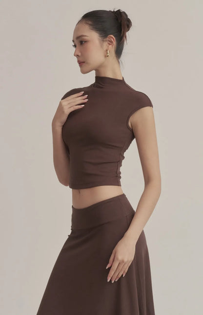 Soft Ribbed Mock-Neck Cap-Sleeve Crop Bra Top<br/>柔彈羅紋高領包肩Bra Top