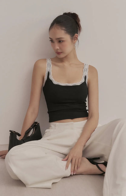 Contrast Lace Scoop-Neck Ribbed Bra Top<br/>羅紋撞色蕾絲U領Bra Top