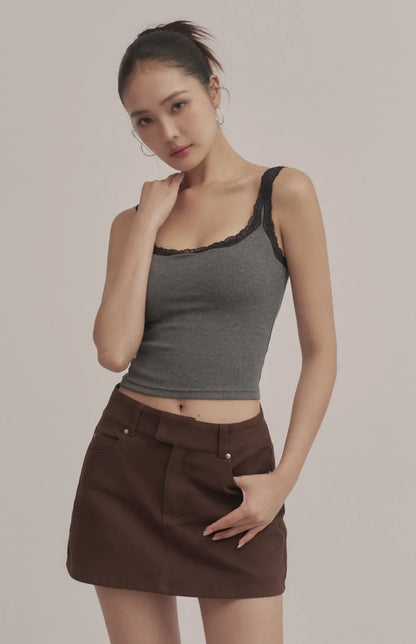Contrast Lace Scoop-Neck Ribbed Bra Top<br/>羅紋撞色蕾絲U領Bra Top