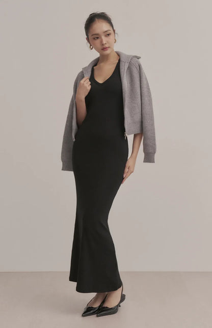 Ribbed V-Neck Racerback Bodycon Maxi Bra Dress<br/>羅紋V領挖背修身Bra Dress