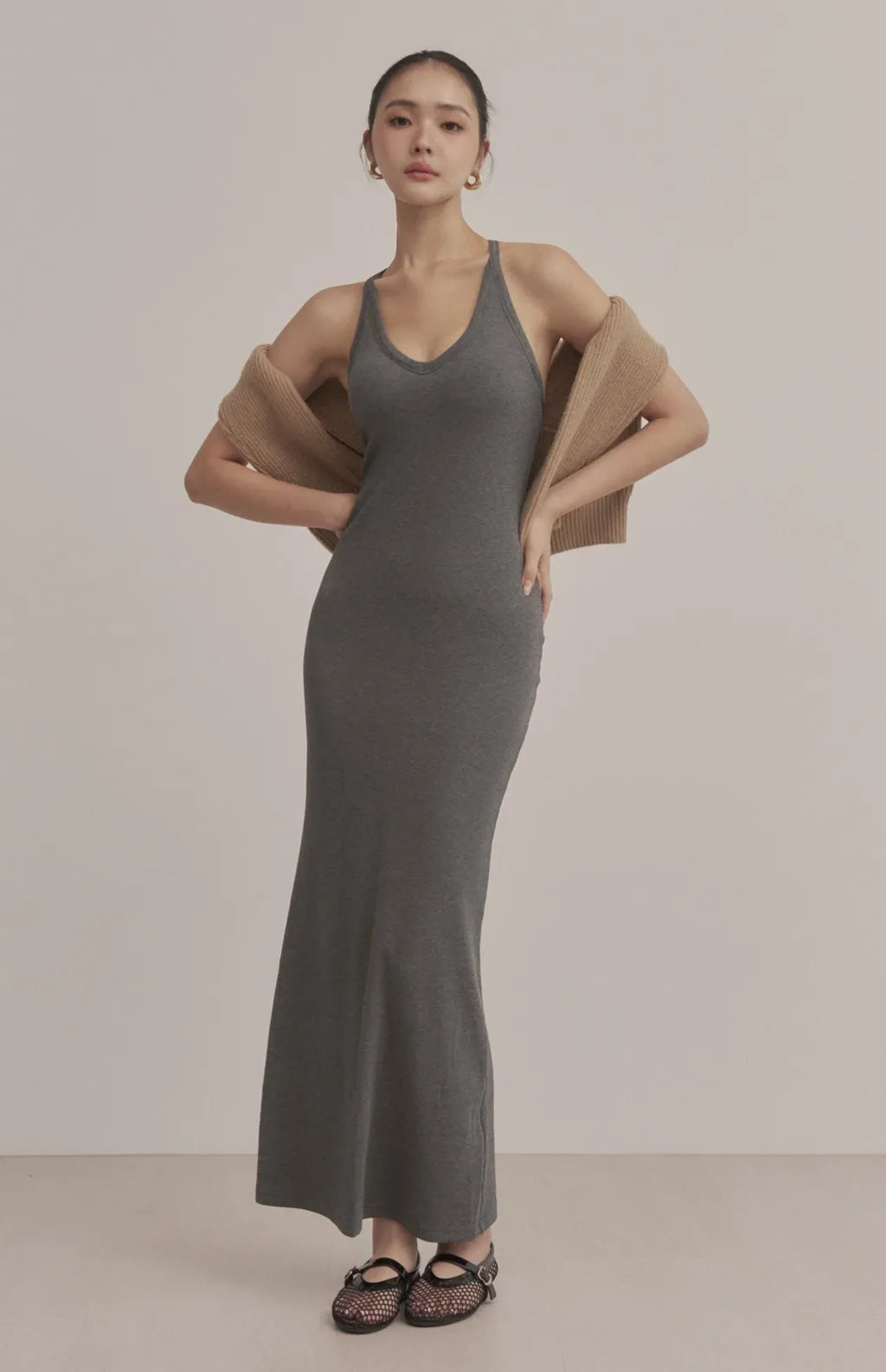 Ribbed V-Neck Racerback Bodycon Maxi Bra Dress<br/>羅紋V領挖背修身Bra Dress