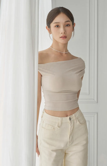 Twist Asymmetric Off-Shoulder Bra Top<br/>扭結斜肩Bra Top