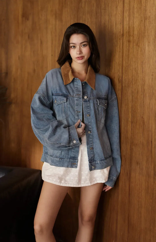 Lapel Patchwork Denim Jacket<br/>翻領拼接牛仔外套