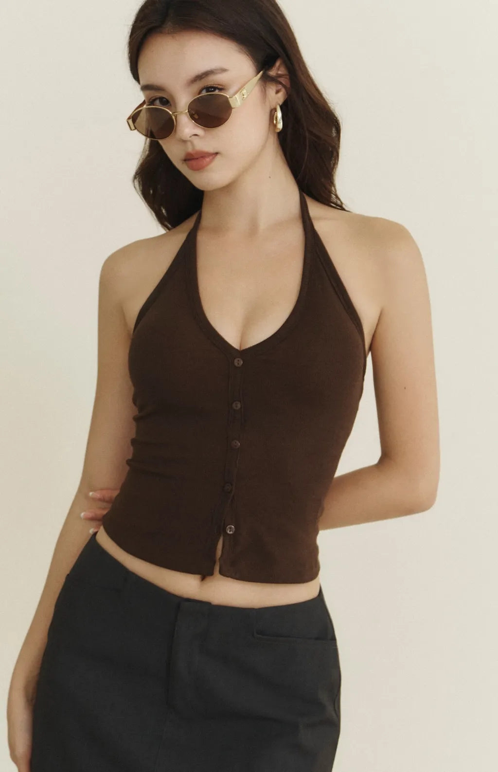 Front Button V-Neck Halter Bra Top<br/>繞脖V領排釦羅紋Bra Top By Beigy - Milu