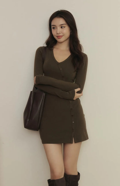Tencel V-Neck Ribbed Mini Bra Dress<br/>天絲V領斜釦羅紋Bra Dress