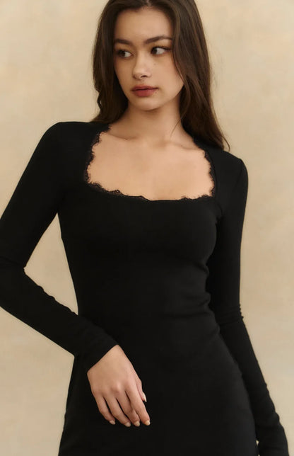 Lace Square Neck Modal Mini Bra Dress<br/>蕾絲方領莫代爾長袖Bra Dress