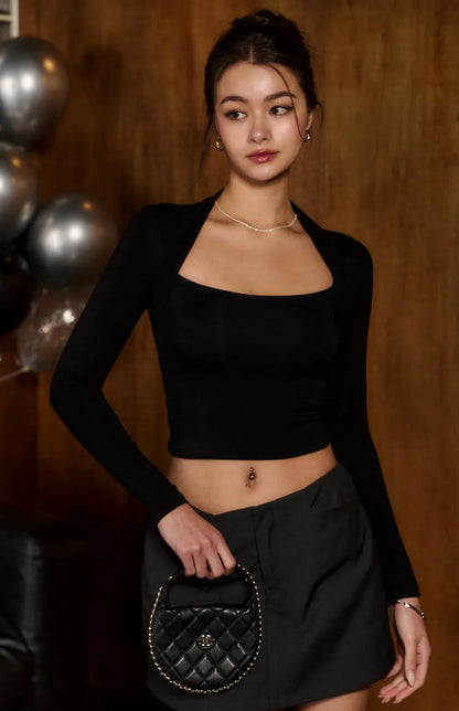 Square Neck Vest Layer Long Sleeve Bra Top<br/>方領坎肩造型長袖Bra Top