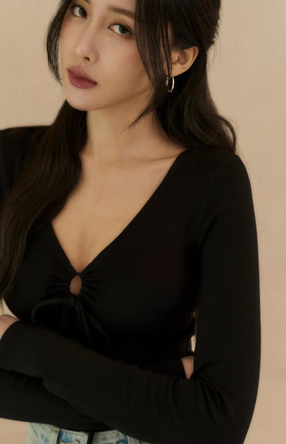 Drawstring V-Neck Long Sleeve Bra Top<br/>心機抽繩V領長袖Bra Top