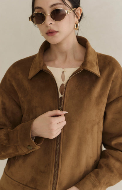 Minimal Suede Collared Zip Jacket<br/>極簡翻領麂皮外套