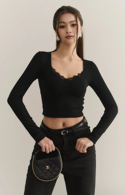 Lace Trim V-Neck Long Sleeve Bra Top<br/>美胸蕾絲V領長袖Bra Top