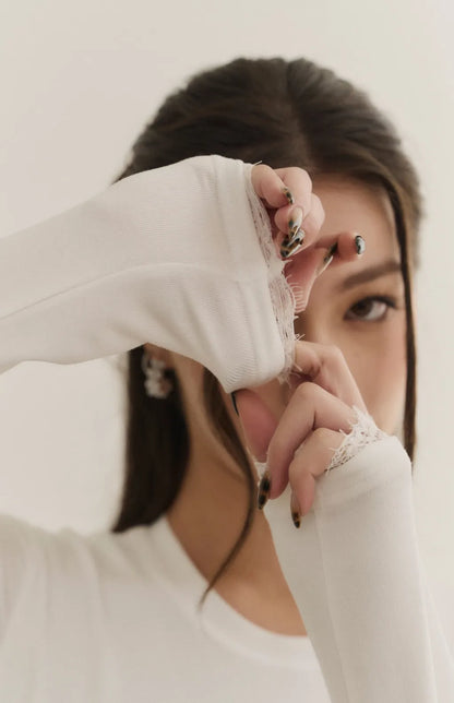 （最後現貨）Modal Lace-Panel Crew Neck Long Sleeve Bra Top<br/>莫代爾拼接蕾絲圓領長袖Bra Top -【XS】