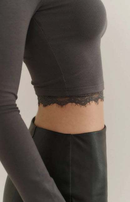 （最後現貨）Modal Lace-Panel Crew Neck Long Sleeve Bra Top<br/>莫代爾拼接蕾絲圓領長袖Bra Top -【XS】