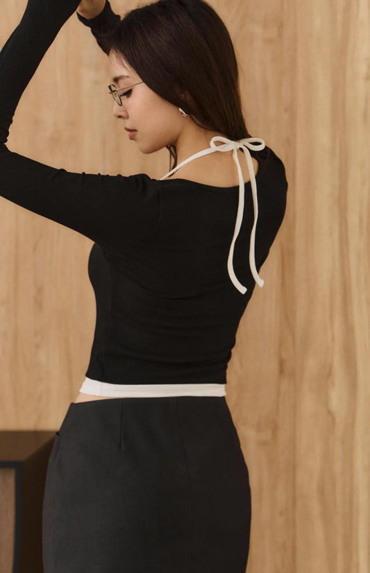 Ribbed Faux-Layer Halter Button Bra Top<br/>坑條綁帶假兩件罩衫Bra Top