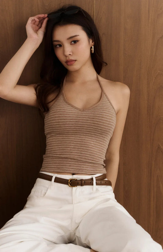 (現貨) Striped Halter V-Neck Ribbed Bra Top<br/>美胸V領綁帶條紋Bra Top
