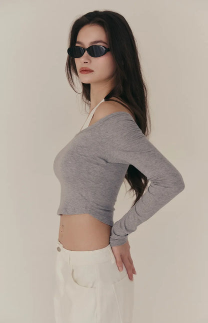 Halter Off-Shoulder Faux-Layer Long Sleeve Bra Top<br/>繞脖一字領假兩件長袖 Bra Top