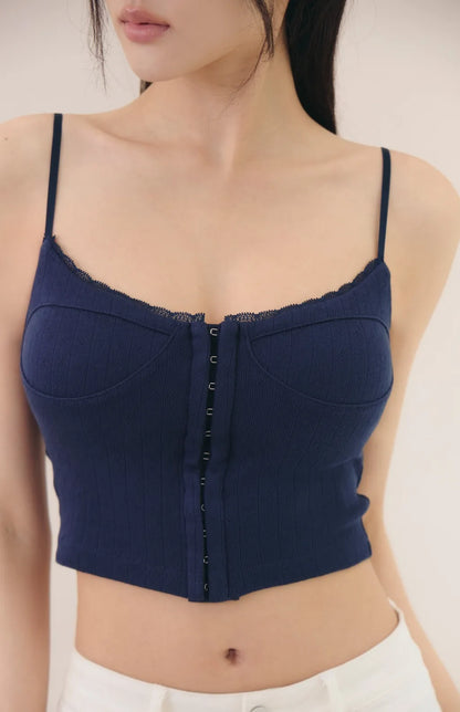 Lace Trim Hook-Front Knit Corset<br/>針織蕾絲勾釦馬甲Bra Top