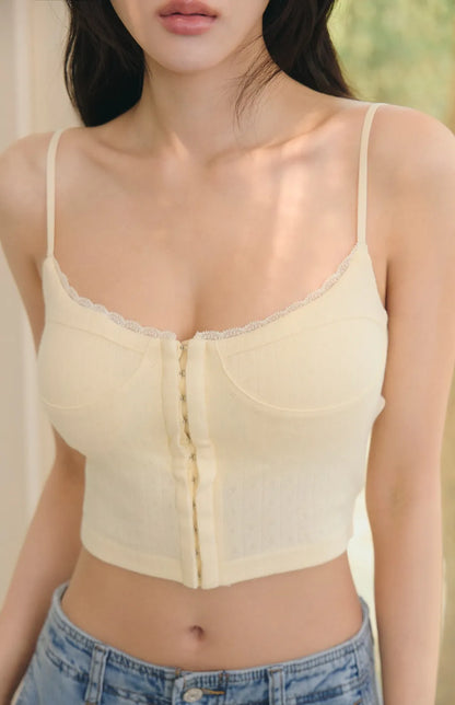 Lace Trim Hook-Front Knit Corset<br/>針織蕾絲勾釦馬甲Bra Top