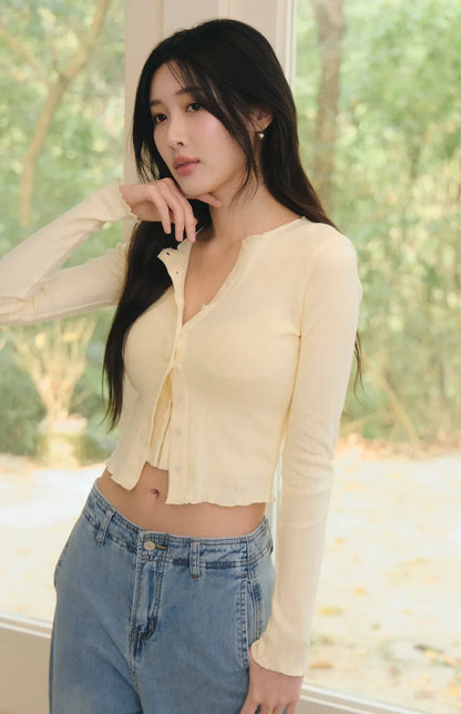 Lace Trim Ribbed Knit Cardigan<br/>針織蕾絲花邊圓領開衫