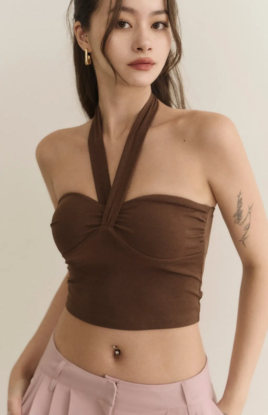 Halter Heart Shape Ruched Bra Top<br/>掛脖造型桃心抓皺Bra Top