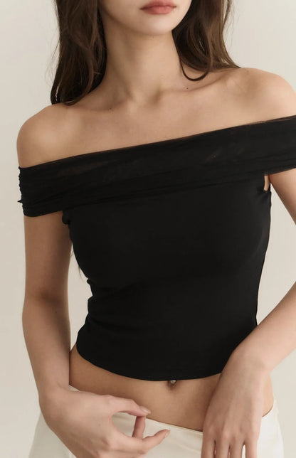 Sheer Gauze Off-Shoulder Bra Top<br/>透膚柔紗一字領Bra Top