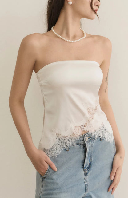 Satin Lace Trim Strapless Bra Top<br/>緞面蕾絲鑲邊平口Bra Top