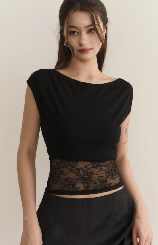 Asymmetric Lace Panel Bra Top<br/>斜領露肩拼接蕾絲Bra Top
