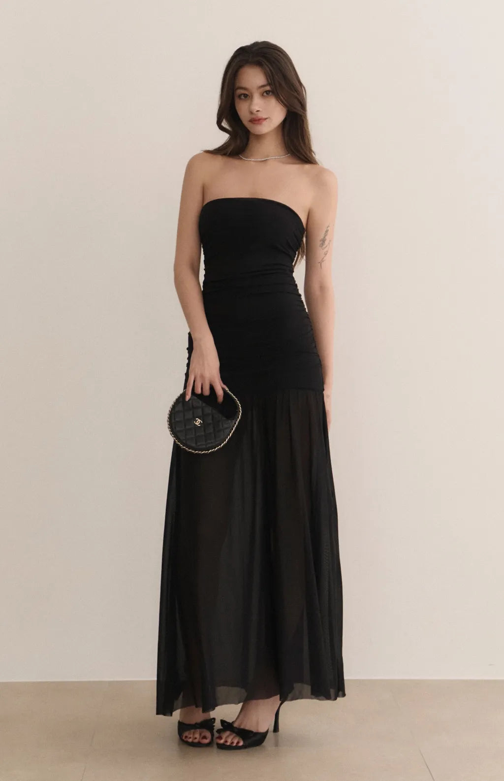 Strapless Ruched Sheer Overlay Bra Dress<br/>歐美平口抓皺收腰Bra Dress