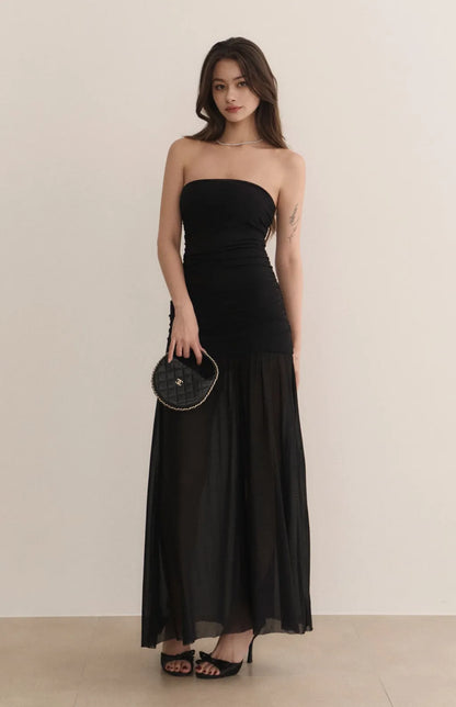 Strapless Ruched Sheer Overlay Bra Dress<br/>歐美平口抓皺收腰Bra Dress