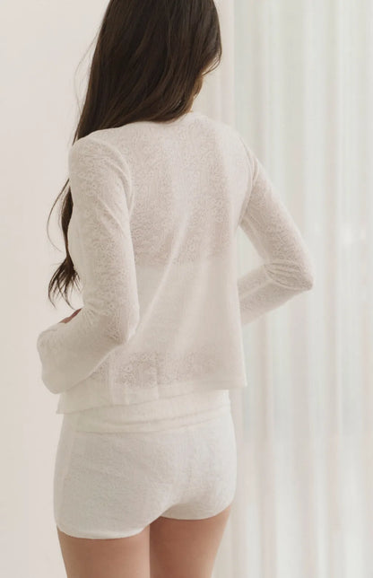 Deep V-Neck Lace Eyelet Crop Cardigan<br/>V領微透蕾絲雕花外套