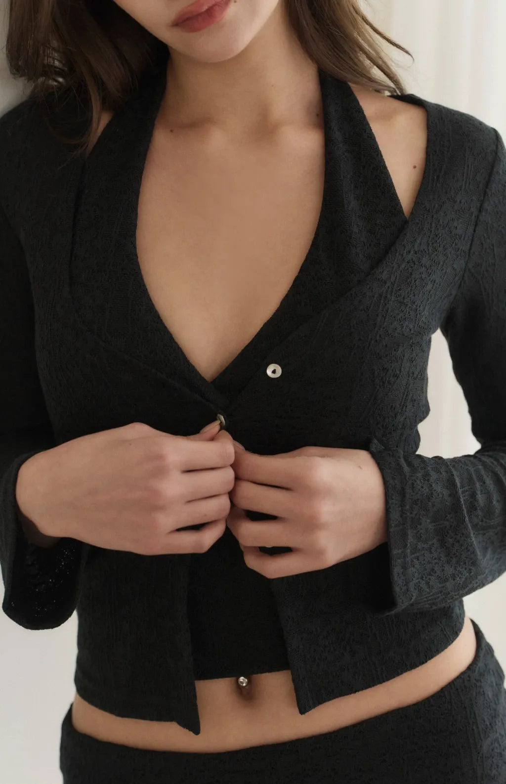 Deep V-Neck Lace Eyelet Crop Cardigan<br/>V領微透蕾絲雕花外套