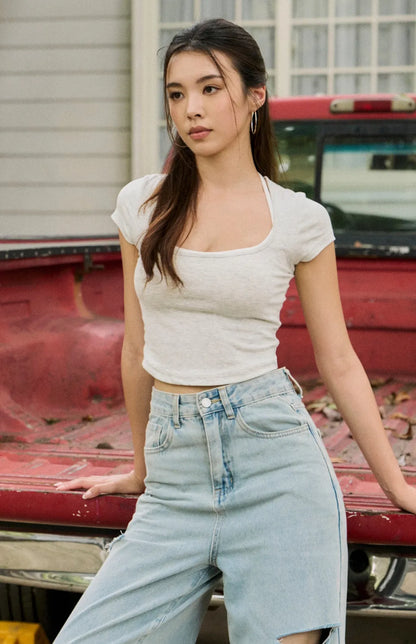 Short Sleeve Faux-Layer Halter Bra Top<br/>繞脖綁帶假兩件撞色短袖Bra Top