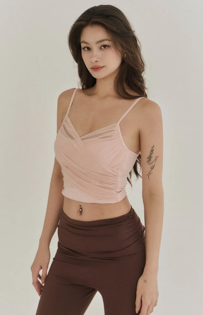 Sheer Mesh Ruched Plunge Bra Top<br/>V領網紗抓皺Bra Top