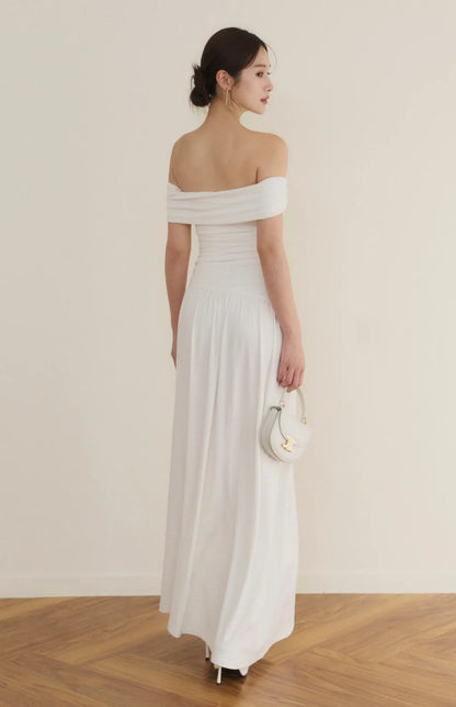 Off-Shoulder Ruched Maxi Bra Dress<br/>法式平肩抓皺修身Bra Dress