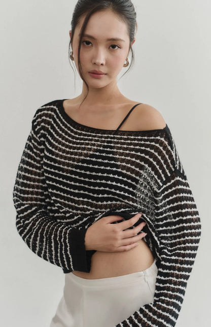Sheer Striped Open-Knit Sweater<br/>透膚條紋鏤空罩衫