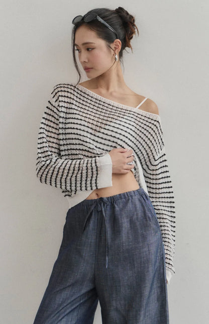 Sheer Striped Open-Knit Sweater<br/>透膚條紋鏤空罩衫