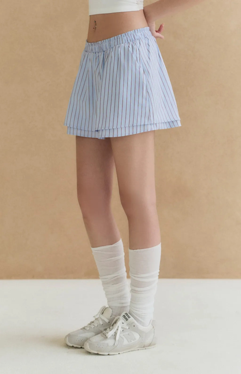 Striped Double-Layer Paperbag Skort<br/>美式條紋雙層花苞褲裙