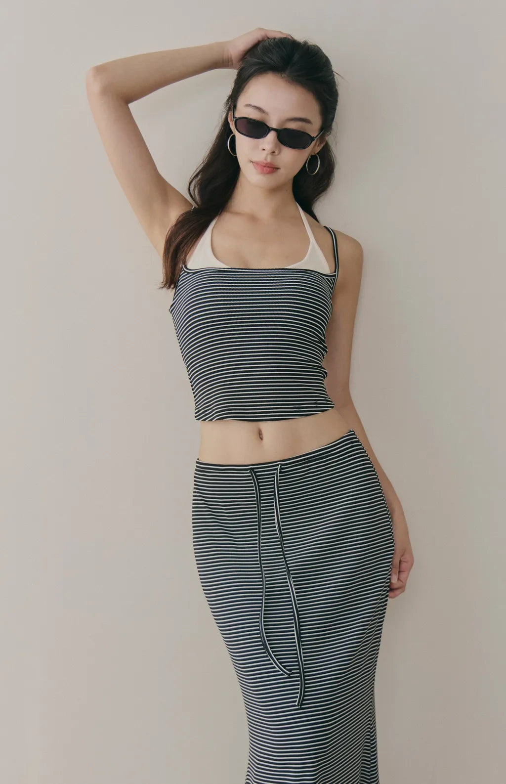 Striped Layered Halter Scoop Bra Top<br/>條紋假兩件U領綁帶Bra Top