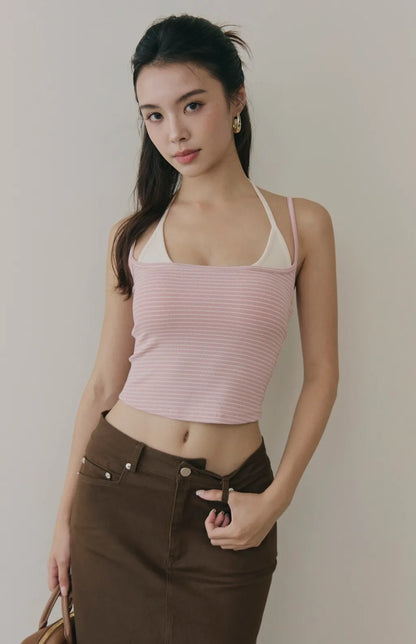 Striped Layered Halter Scoop Bra Top<br/>條紋假兩件U領綁帶Bra Top