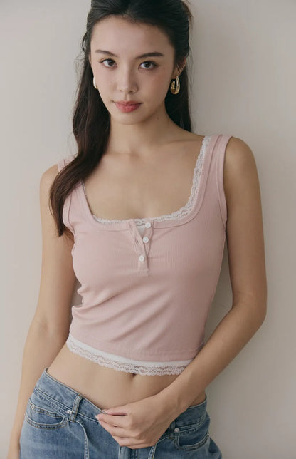 Tencel Layered Lace-Trim Henley Bra Top<br/>天絲假兩件蕾絲可開釦Bra Top
