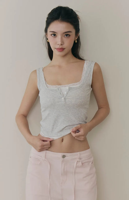Tencel Layered Lace-Trim Henley Bra Top<br/>天絲假兩件蕾絲可開釦Bra Top