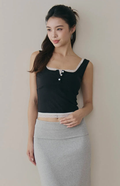 Tencel Layered Lace-Trim Henley Bra Top<br/>天絲假兩件蕾絲可開釦Bra Top