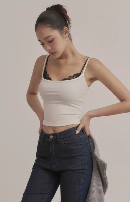 Layered Sweetheart Lace-Trim Crop Bra Top<br/>假兩件桃心領蕾絲花邊Bra Top