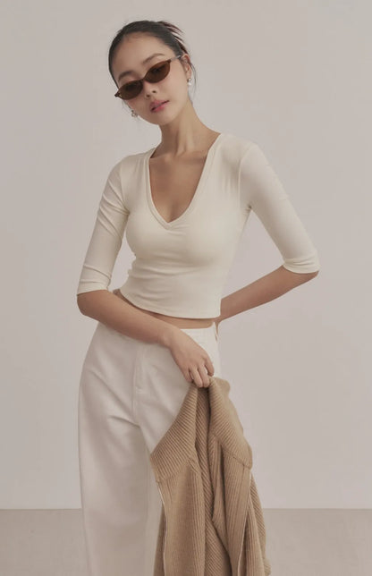 Ribbed V-Neck 3/4 Sleeve Crop Bra Top<br/>柔彈羅紋V領七分袖Bra Top